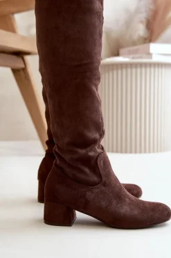 Eko Zamszowe Kozaki Damskie Przed Kolano Na Zamek Brązowe Elitara