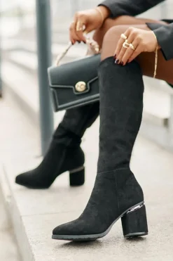 Eko Zamszowe Kozaki Damskie Przed Kolano Na Słupku Ocieplane Vinceza 16473 Czarne