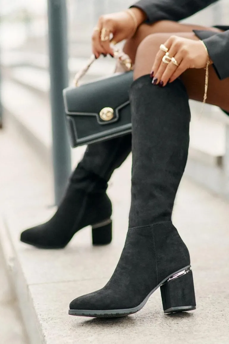 Eko Zamszowe Kozaki Damskie Przed Kolano Na Słupku Ocieplane Vinceza 16473 Czarne