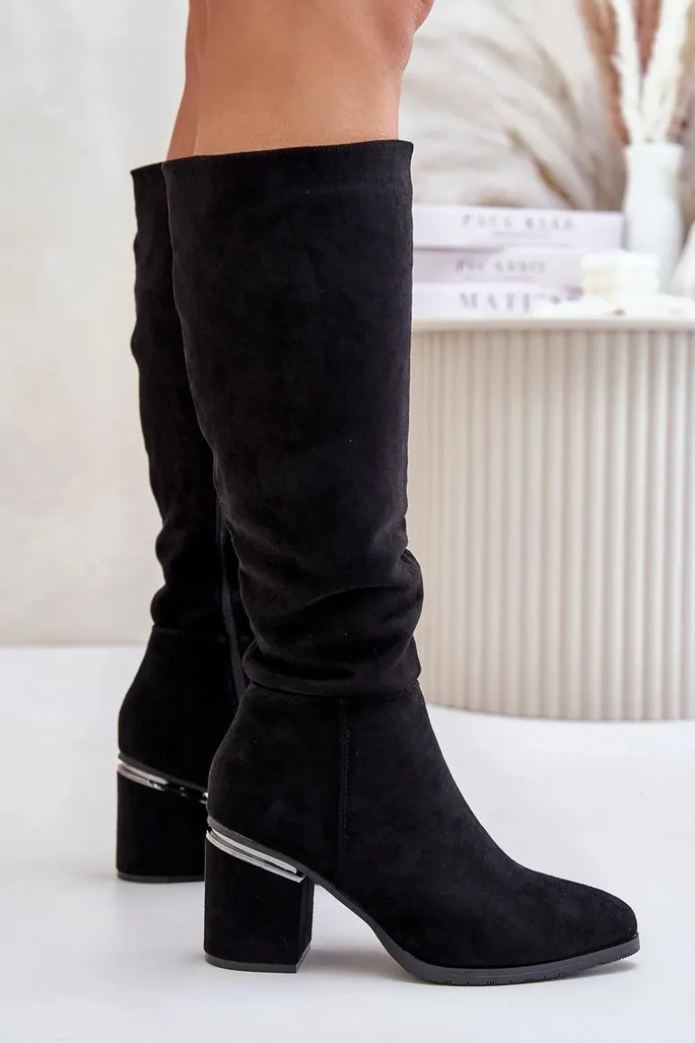 Eko Zamszowe Kozaki Damskie Przed Kolano Na Słupku Ocieplane Vinceza 16473 Czarne