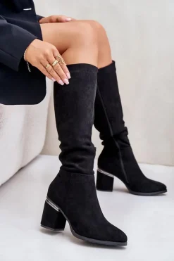 Eko Zamszowe Kozaki Damskie Przed Kolano Na Słupku Ocieplane Vinceza 16473 Czarne