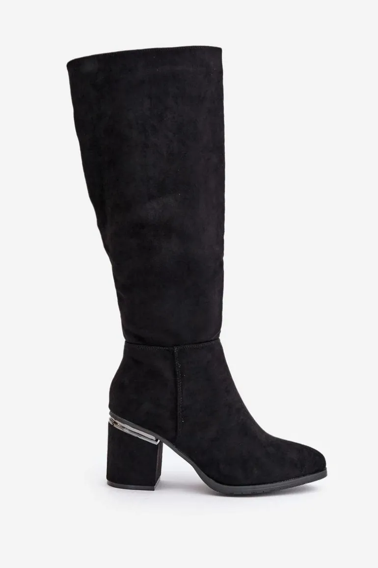 Eko Zamszowe Kozaki Damskie Przed Kolano Na Słupku Ocieplane Vinceza 16473 Czarne