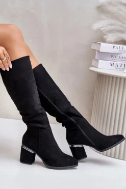 Eko Zamszowe Kozaki Damskie Przed Kolano Na Słupku Ocieplane Vinceza 16473 Czarne