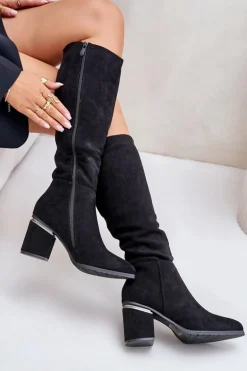 Eko Zamszowe Kozaki Damskie Przed Kolano Na Słupku Ocieplane Vinceza 16473 Czarne