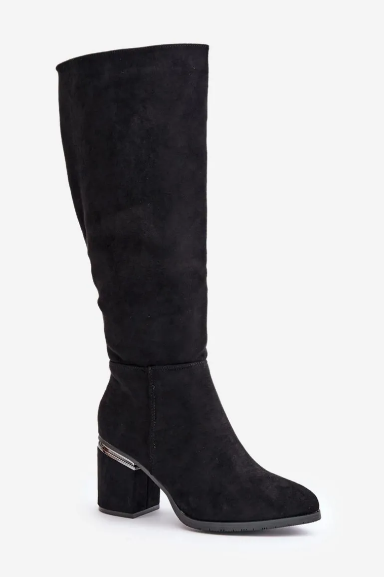 Eko Zamszowe Kozaki Damskie Przed Kolano Na Słupku Ocieplane Vinceza 16473 Czarne