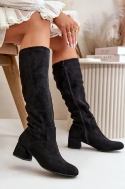 Eko Zamszowe Kozaki Damskie Przed Kolano Na Zamek Czarne Elitara