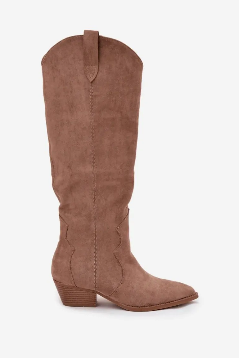 Eko Zamszowe Kozaki Kowbojki Damskie Na Obcasie Beżowe Jenaya