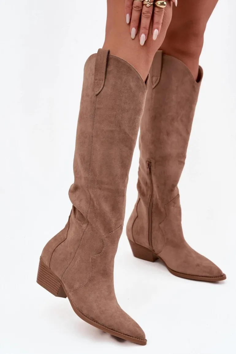 Eko Zamszowe Kozaki Kowbojki Damskie Na Obcasie Beżowe Jenaya