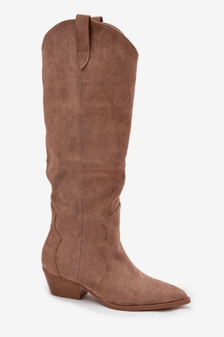 Eko Zamszowe Kozaki Kowbojki Damskie Na Obcasie Beżowe Jenaya