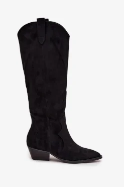 Eko Zamszowe Kozaki Kowbojki Damskie Na Obcasie Czarne Jenaya