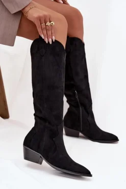Eko Zamszowe Kozaki Kowbojki Damskie Na Obcasie Czarne Jenaya
