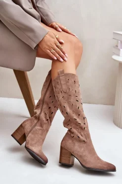 Eko Zamszowe Kozaki Na Słupku Z Ażurowym Wzorem Vinceza 58344 Ciemnobeżowe