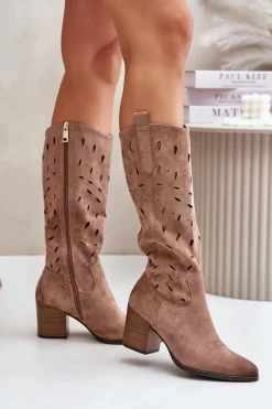 Eko Zamszowe Kozaki Na Słupku Z Ażurowym Wzorem Vinceza 58344 Ciemnobeżowe