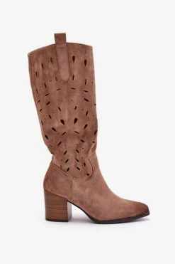 Eko Zamszowe Kozaki Na Słupku Z Ażurowym Wzorem Vinceza 58344 Ciemnobeżowe