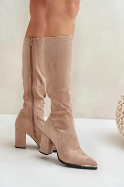 Eko Zamszowe Kozaki Na Słupkowym Obcasie Beżowe Batirae