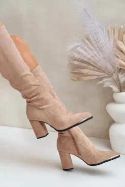 Eko Zamszowe Kozaki Na Słupkowym Obcasie Beżowe Batirae