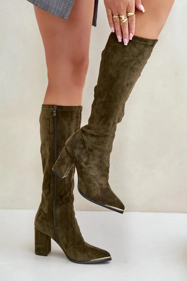 Eko Zamszowe Kozaki Na Słupkowym Obcasie Ciemnozielone Batirae