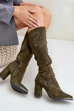 Eko Zamszowe Kozaki Na Słupkowym Obcasie Ciemnozielone Batirae