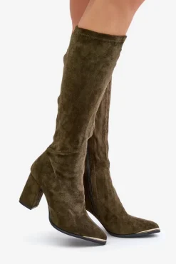 Eko Zamszowe Kozaki Na Słupkowym Obcasie Ciemnozielone Batirae