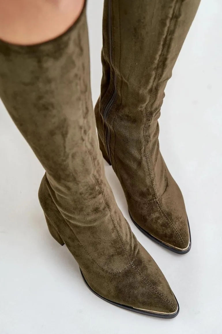 Eko Zamszowe Kozaki Na Słupkowym Obcasie Ciemnozielone Batirae