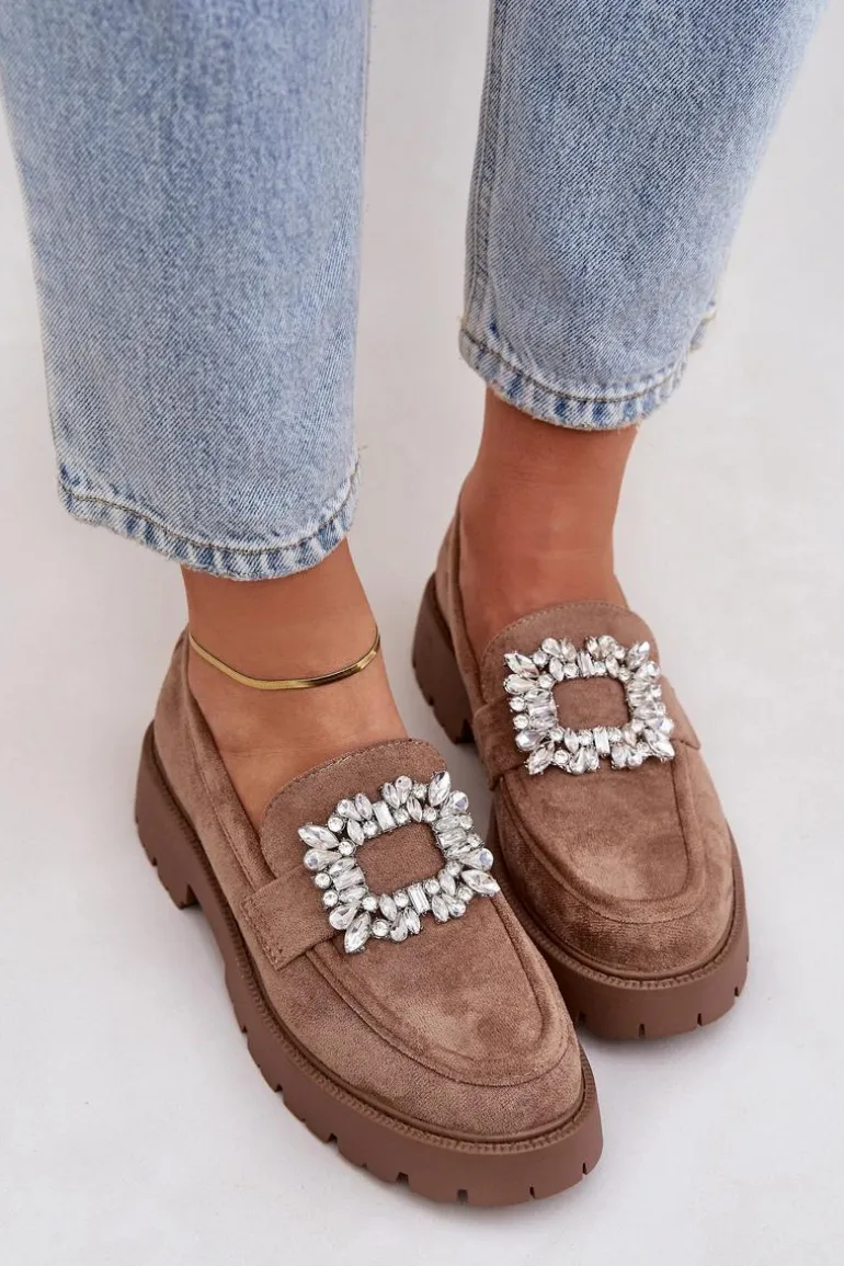 Eko Zamszowe Mokasyny Damskie Z Ozdobną Broszką Ciemnobeżowe Valiana