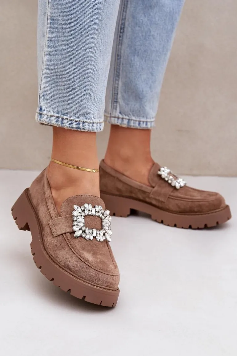 Eko Zamszowe Mokasyny Damskie Z Ozdobną Broszką Ciemnobeżowe Valiana