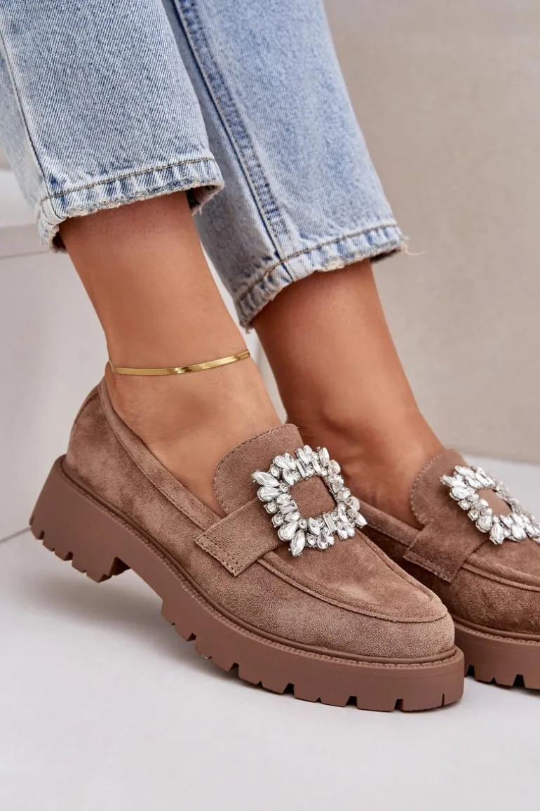 Eko Zamszowe Mokasyny Damskie Z Ozdobną Broszką Ciemnobeżowe Valiana