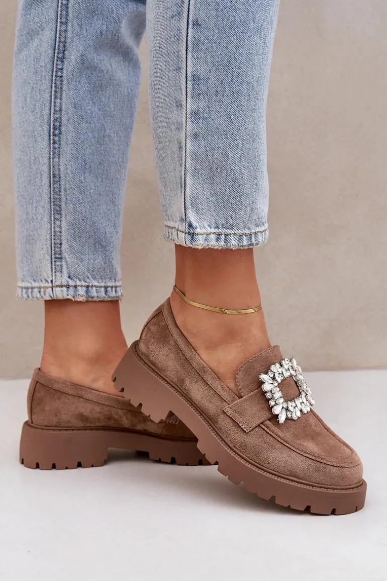 Eko Zamszowe Mokasyny Damskie Z Ozdobną Broszką Ciemnobeżowe Valiana