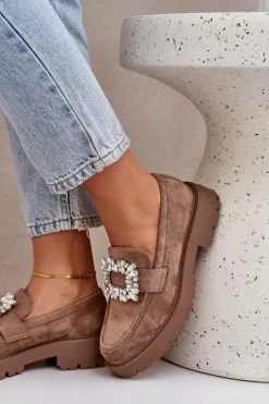 Eko Zamszowe Mokasyny Damskie Z Ozdobną Broszką Ciemnobeżowe Valiana