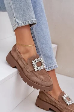 Eko Zamszowe Mokasyny Damskie Z Ozdobną Broszką Ciemnobeżowe Valiana