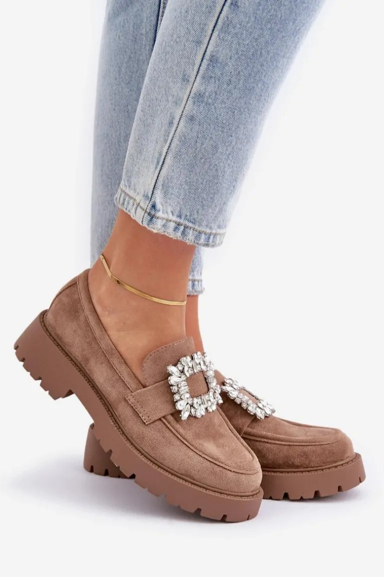 Eko Zamszowe Mokasyny Damskie Z Ozdobną Broszką Ciemnobeżowe Valiana