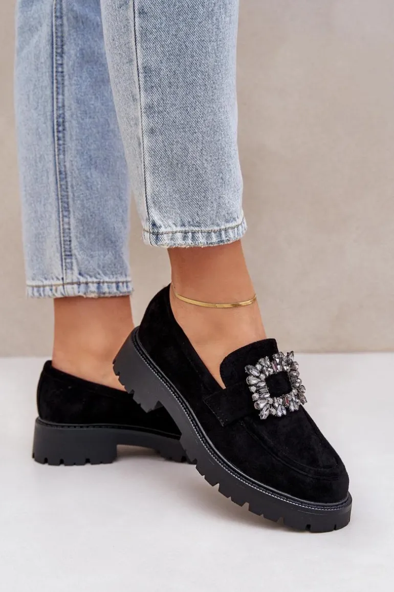 Eko Zamszowe Mokasyny Damskie Z Ozdobną Broszką Czarne Valiana