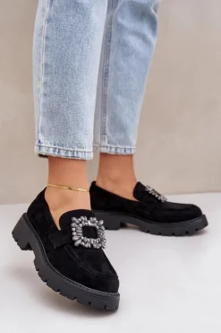 Eko Zamszowe Mokasyny Damskie Z Ozdobną Broszką Czarne Valiana