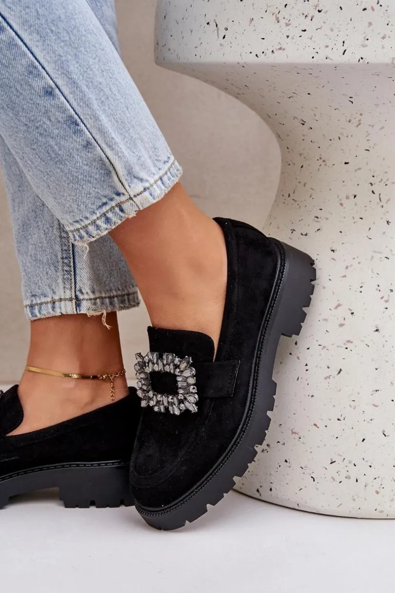 Eko Zamszowe Mokasyny Damskie Z Ozdobną Broszką Czarne Valiana