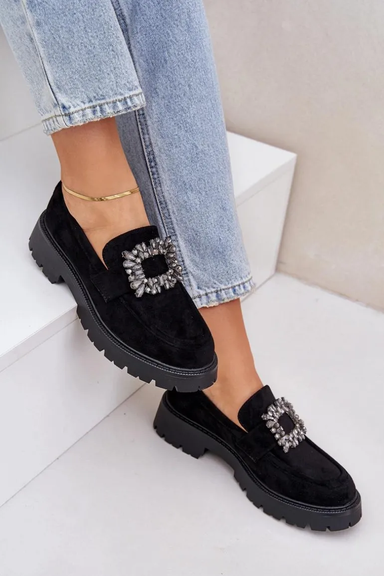 Eko Zamszowe Mokasyny Damskie Z Ozdobną Broszką Czarne Valiana
