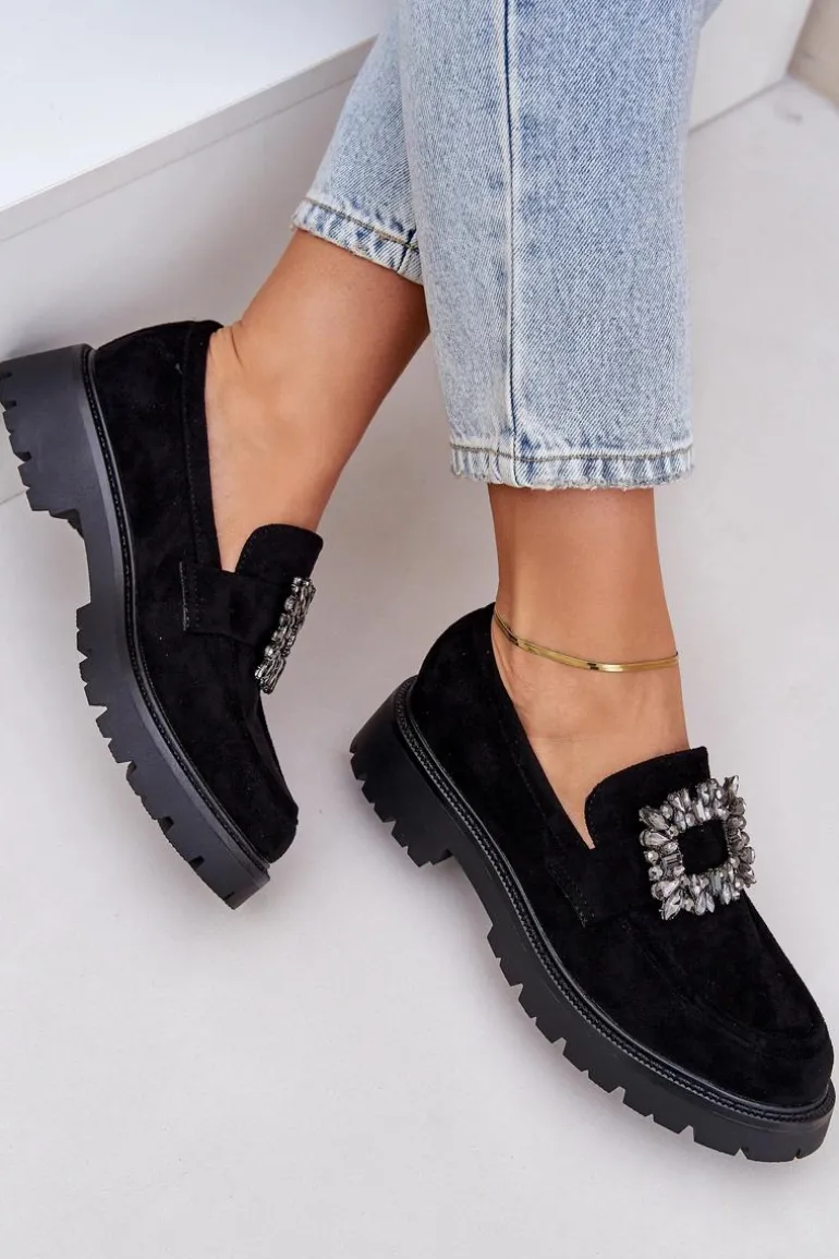 Eko Zamszowe Mokasyny Damskie Z Ozdobną Broszką Czarne Valiana