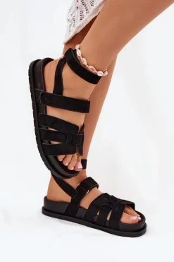 Eko Zamszowe Sandały Damskie Z Rzepami Czarne Valpera