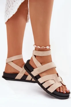 Eko Zamszowe Sandały Damskie Z Rzepami Beżowe Valpera