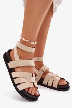 Eko Zamszowe Sandały Damskie Z Rzepami Beżowe Valpera