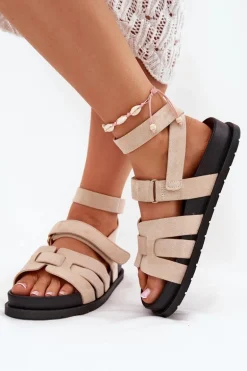 Eko Zamszowe Sandały Damskie Z Rzepami Beżowe Valpera