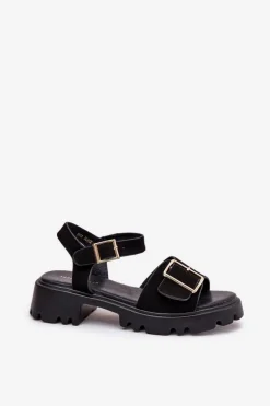 Eko Zamszowe Sandały Damskie Z Klamrą Czarne Gofielle