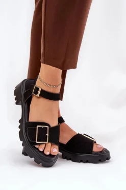 Eko Zamszowe Sandały Damskie Z Klamrą Czarne Gofielle