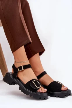 Eko Zamszowe Sandały Damskie Z Klamrą Czarne Gofielle