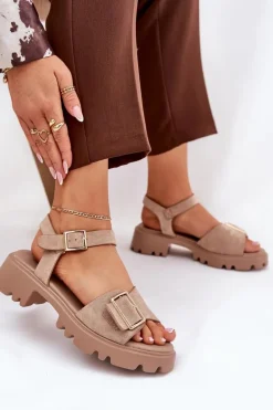 Eko Zamszowe Sandały Damskie Z Klamrą Beżowe Gofielle