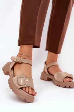 Eko Zamszowe Sandały Damskie Z Klamrą Beżowe Gofielle