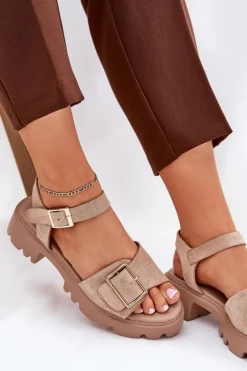 Eko Zamszowe Sandały Damskie Z Klamrą Beżowe Gofielle