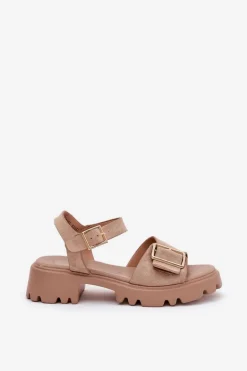 Eko Zamszowe Sandały Damskie Z Klamrą Beżowe Gofielle