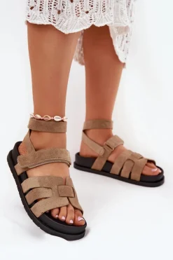 Eko Zamszowe Sandały Damskie Z Rzepami Ciemnobeżowe Valpera