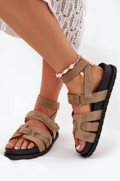 Eko Zamszowe Sandały Damskie Z Rzepami Ciemnobeżowe Valpera