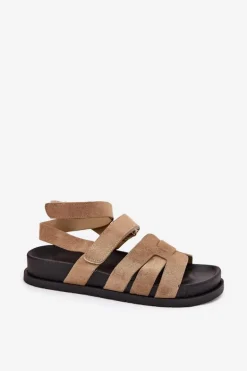 Eko Zamszowe Sandały Damskie Z Rzepami Ciemnobeżowe Valpera